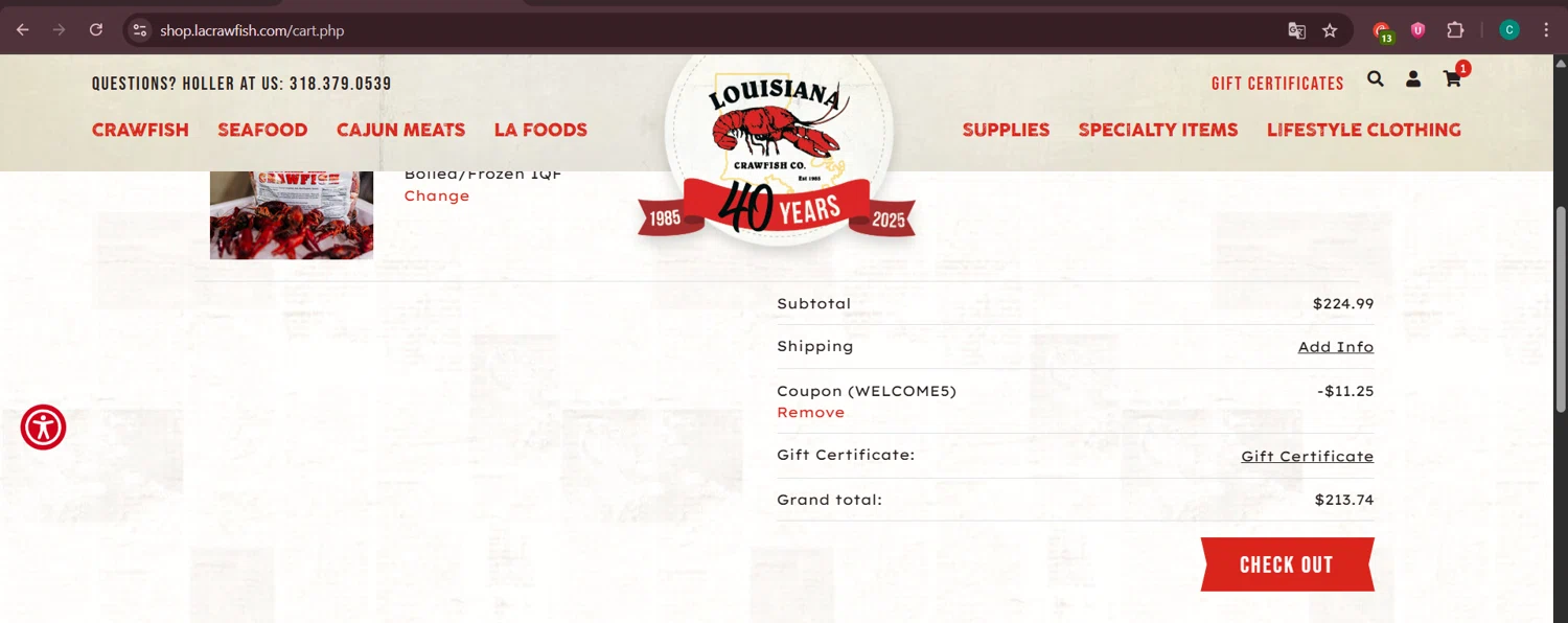 Lacrawfish promo code screenshot showing code WELCOME5 applied at Lacrawfish checkout page. Uploaded by SimplyCodes community member Negritoo on Jun 7, 2025