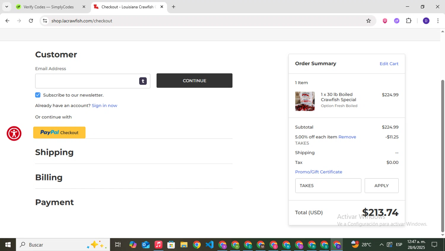 Lacrawfish promo code screenshot showing code TAKE5 applied at Lacrawfish checkout page. Uploaded by SimplyCodes community member PrimeNavigator3251 on Jun 28, 2025