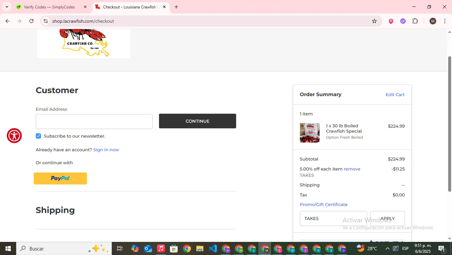 Lacrawfish promo code screenshot showing code TAKE5 applied at Lacrawfish checkout page. Uploaded by SimplyCodes community member WonderWizard9060 on Jun 7, 2025