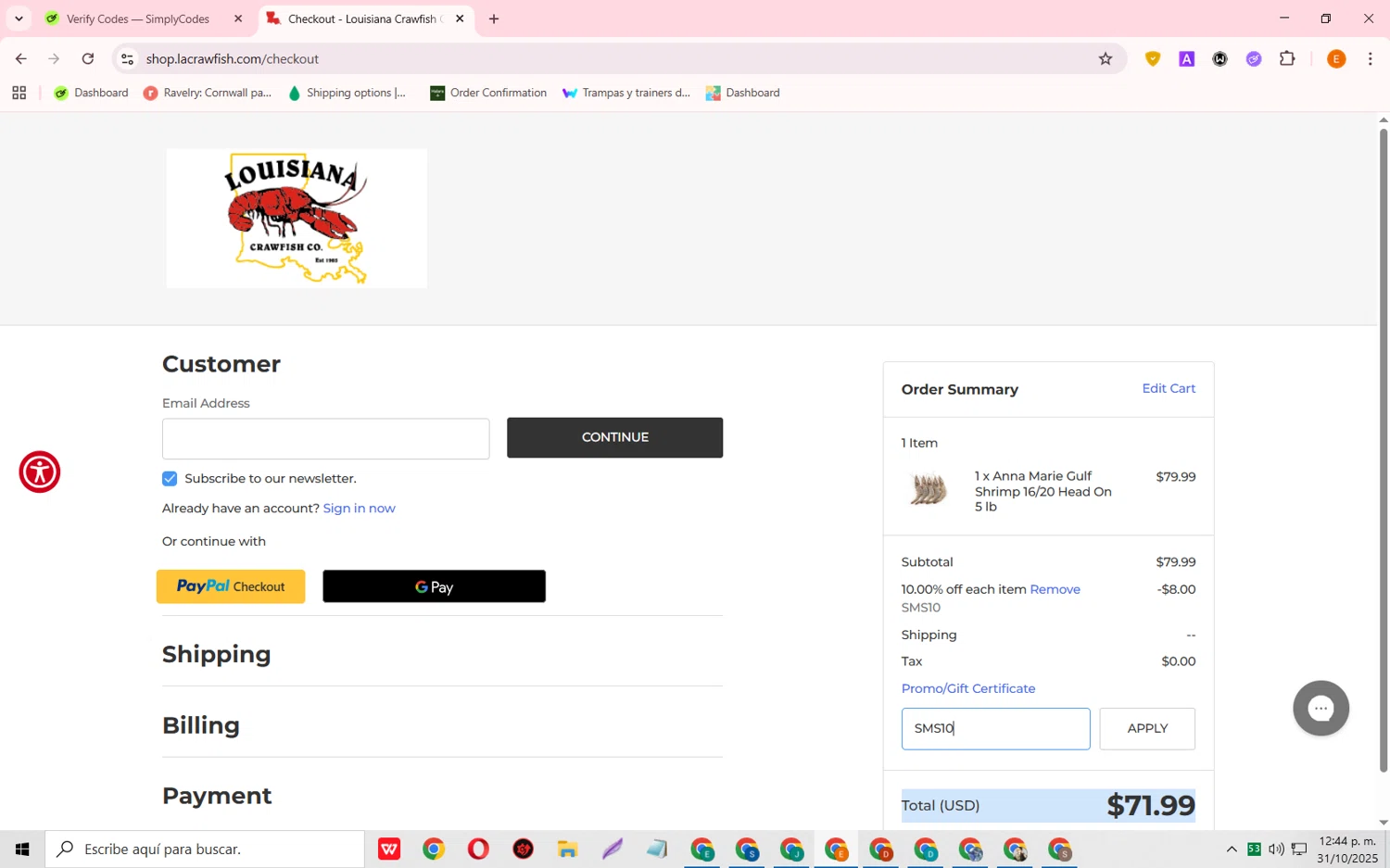 Lacrawfish promo code screenshot showing code SMS10 applied at Lacrawfish checkout page. Uploaded by SimplyCodes community member RewardFalcon3197 on Oct 31, 2025