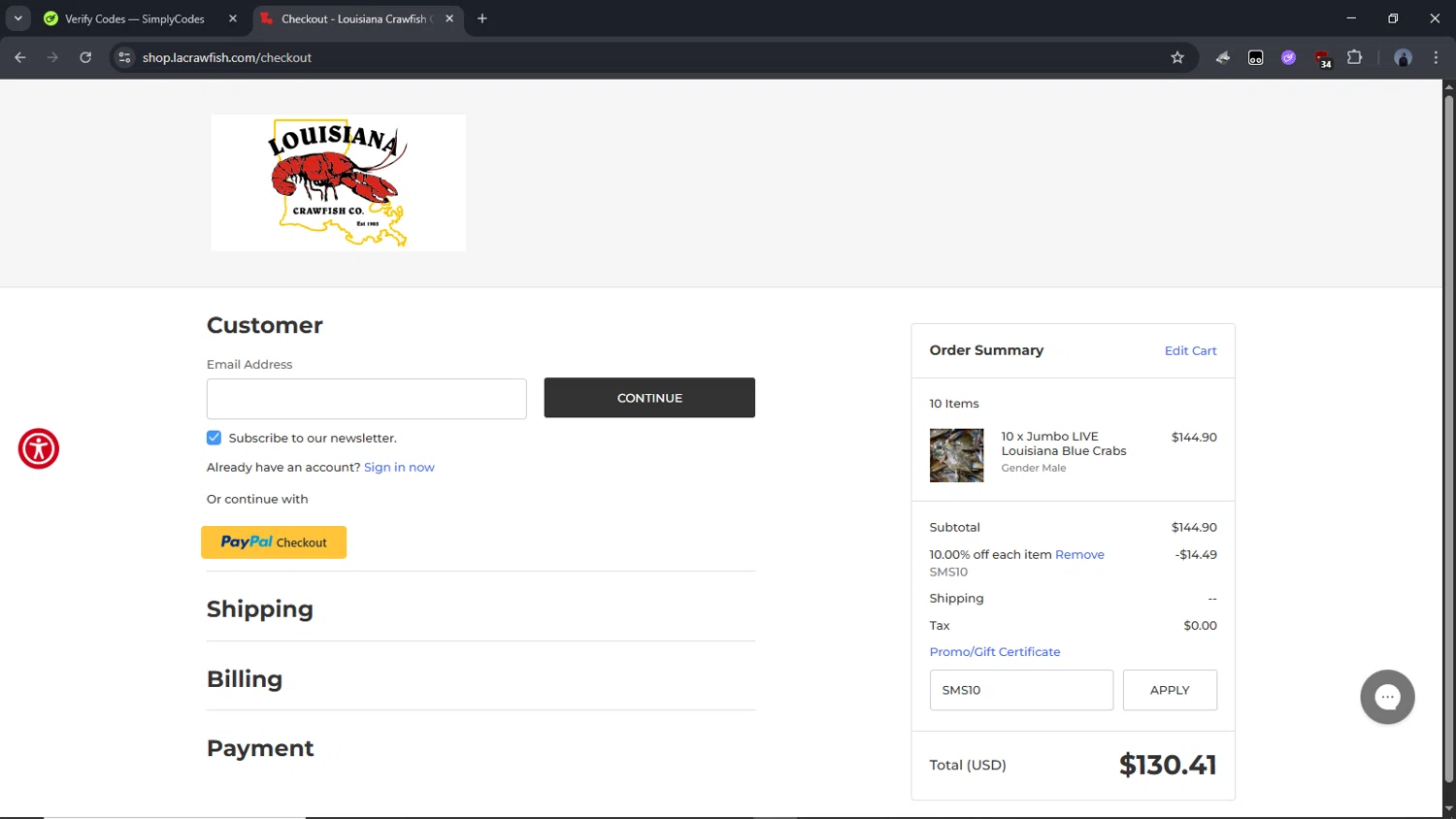Lacrawfish promo code screenshot showing code SMS10 applied at Lacrawfish checkout page. Uploaded by SimplyCodes community member Time_sin_filtro on Aug 18, 2025
