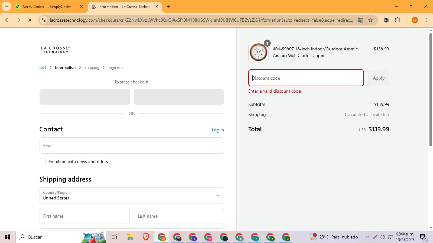 La Crosse Technology coupon code screenshot showing code MTR25 applied at La Crosse Technology checkout page. Uploaded by SimplyCodes community member LegendaryFox4384 on May 13, 2025