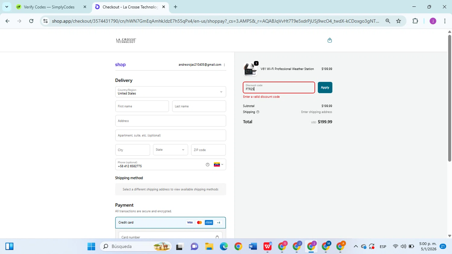 La Crosse Technology coupon code screenshot showing code FTR25 applied at La Crosse Technology checkout page. Uploaded by SimplyCodes community member christophersierra on Jan 5, 2026