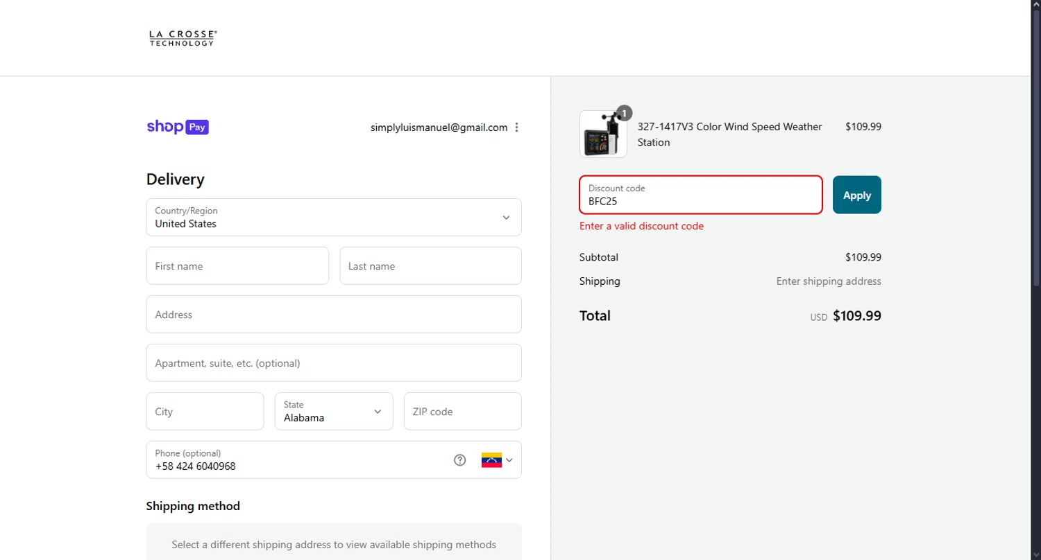 La Crosse Technology coupon code screenshot showing code BFC25 applied at La Crosse Technology checkout page. Uploaded by SimplyCodes community member MoneyScout2554 on Jul 23, 2025