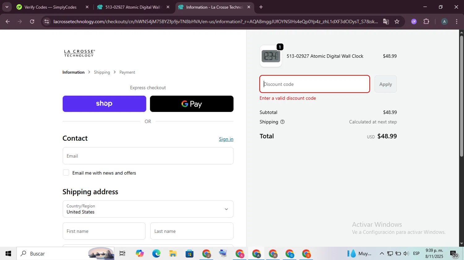 La Crosse Technology coupon code screenshot showing code ANA25 applied at La Crosse Technology checkout page. Uploaded by SimplyCodes community member ScanSpotter8851 on Nov 9, 2025