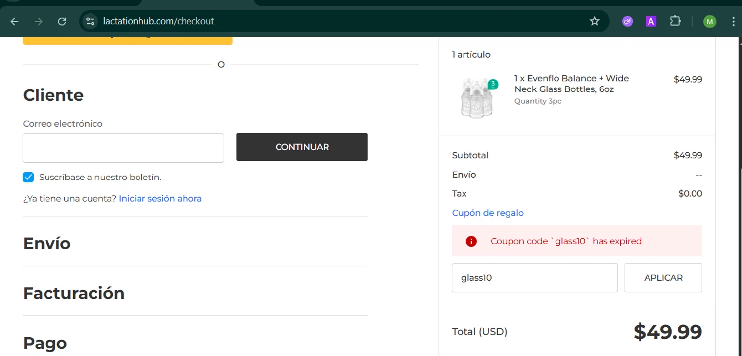 Lactation Hub promo code screenshot showing code glass10 applied at Lactation Hub checkout page. Uploaded by SimplyCodes community member MARCVH on Oct 22, 2025