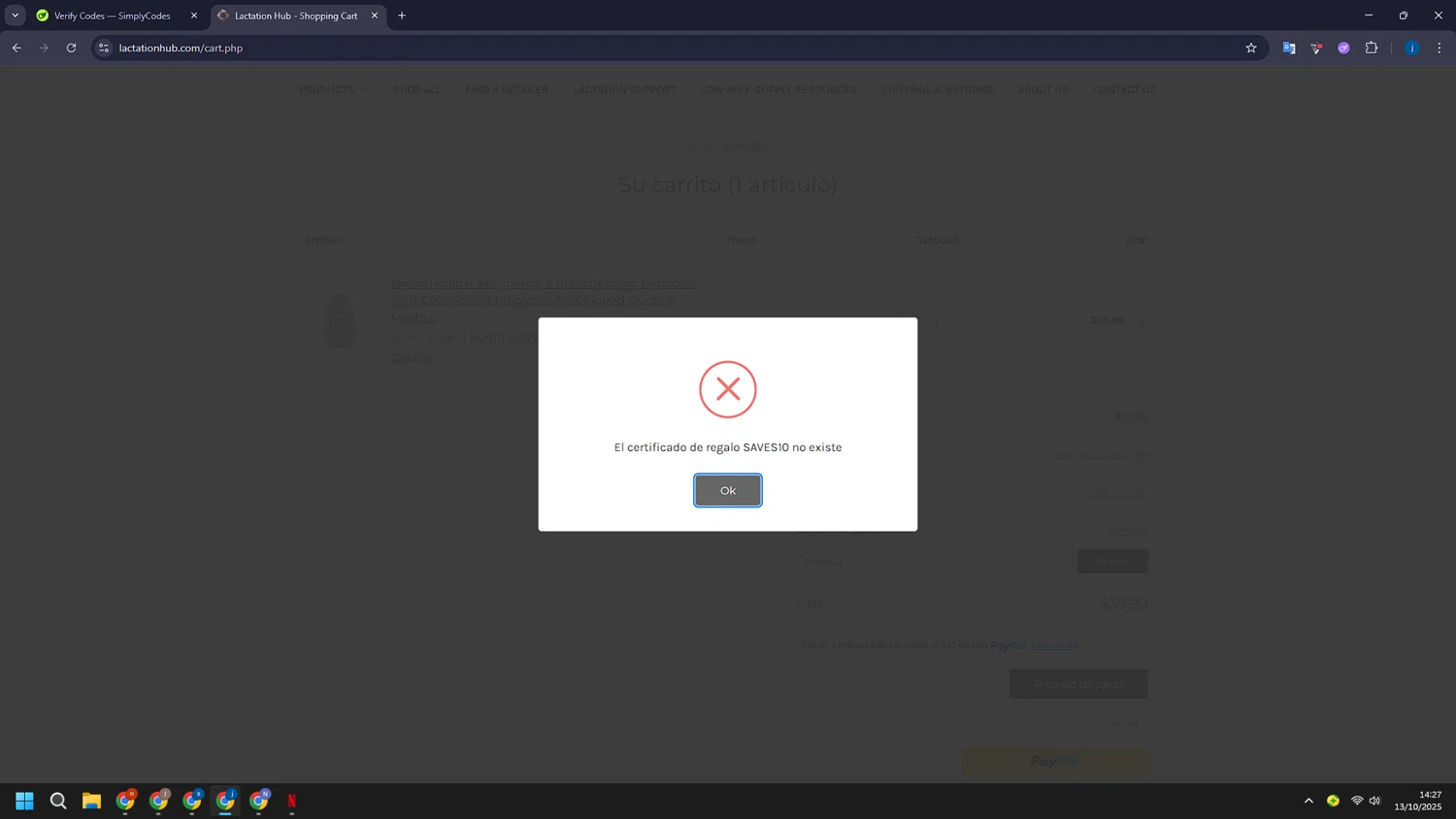 Lactation Hub promo code screenshot showing code SAVES10 applied at Lactation Hub checkout page. Uploaded by SimplyCodes community member CashLegend3767 on Oct 13, 2025