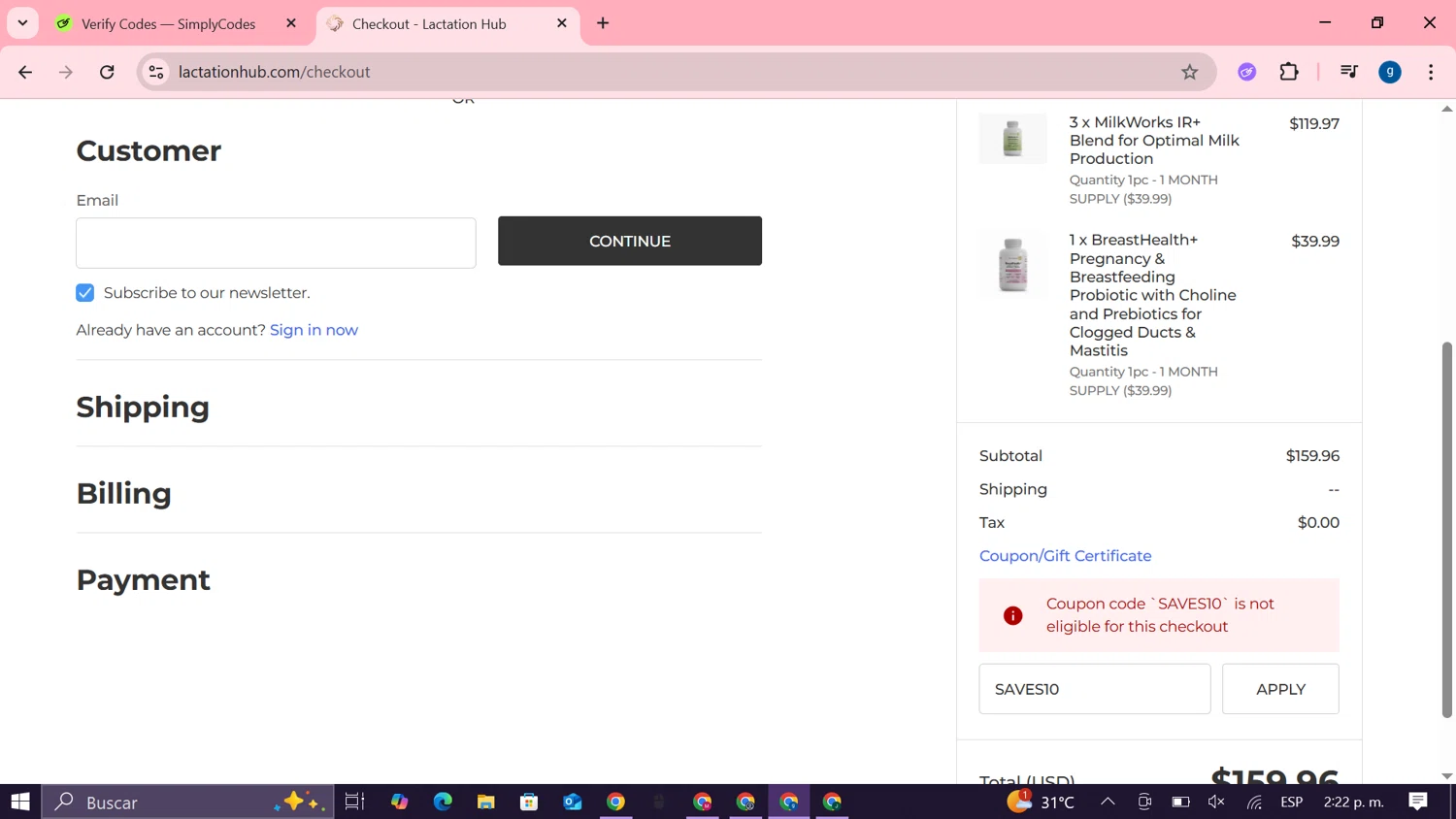Lactation Hub checkout page showing Lactation Hub promo code box | Screenshot taken by SimplyCodes community member on Oct 13, 2025