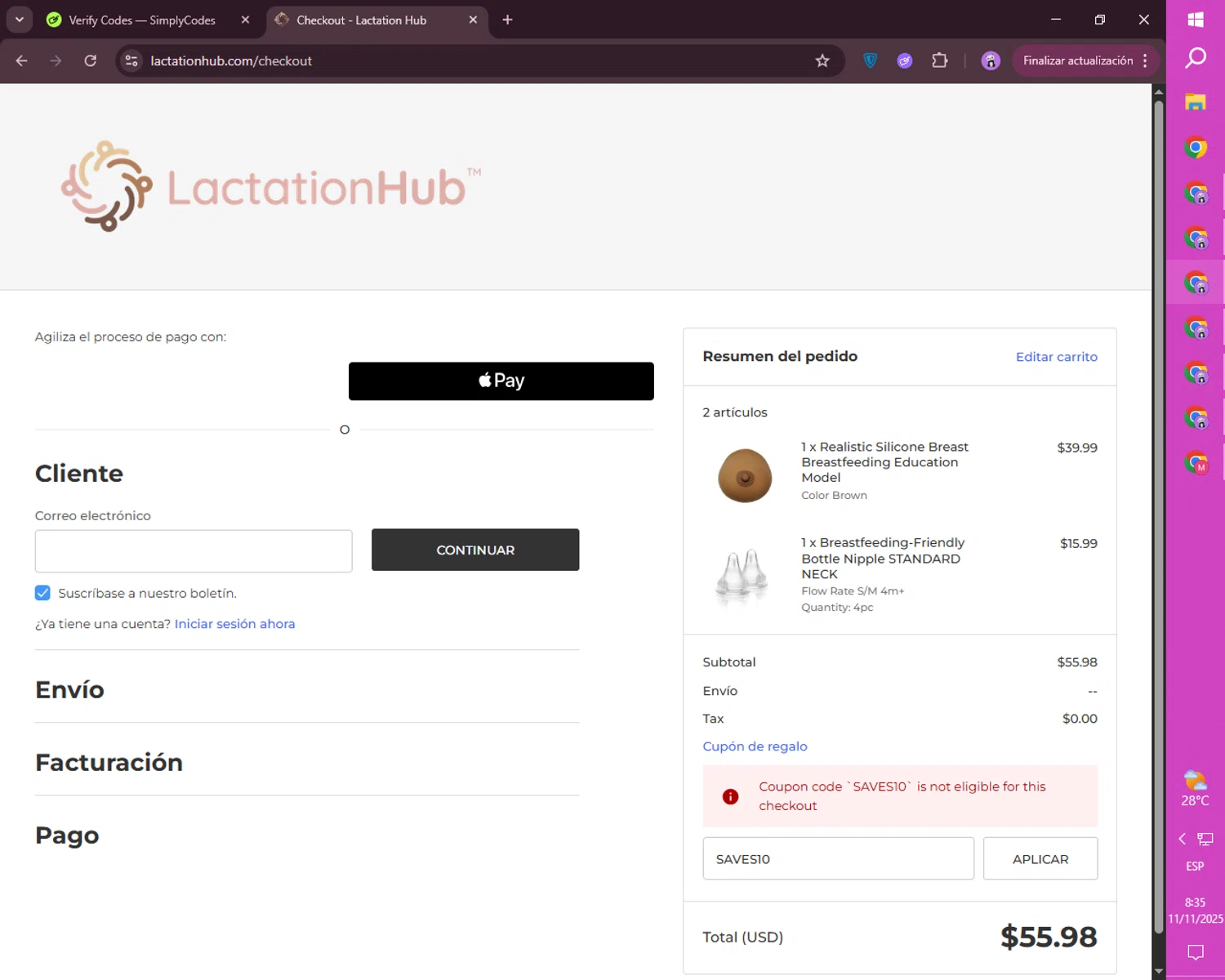 Lactation Hub promo code screenshot showing code SAVES10 applied at Lactation Hub checkout page. Uploaded by SimplyCodes community member mileSalima on Nov 11, 2025