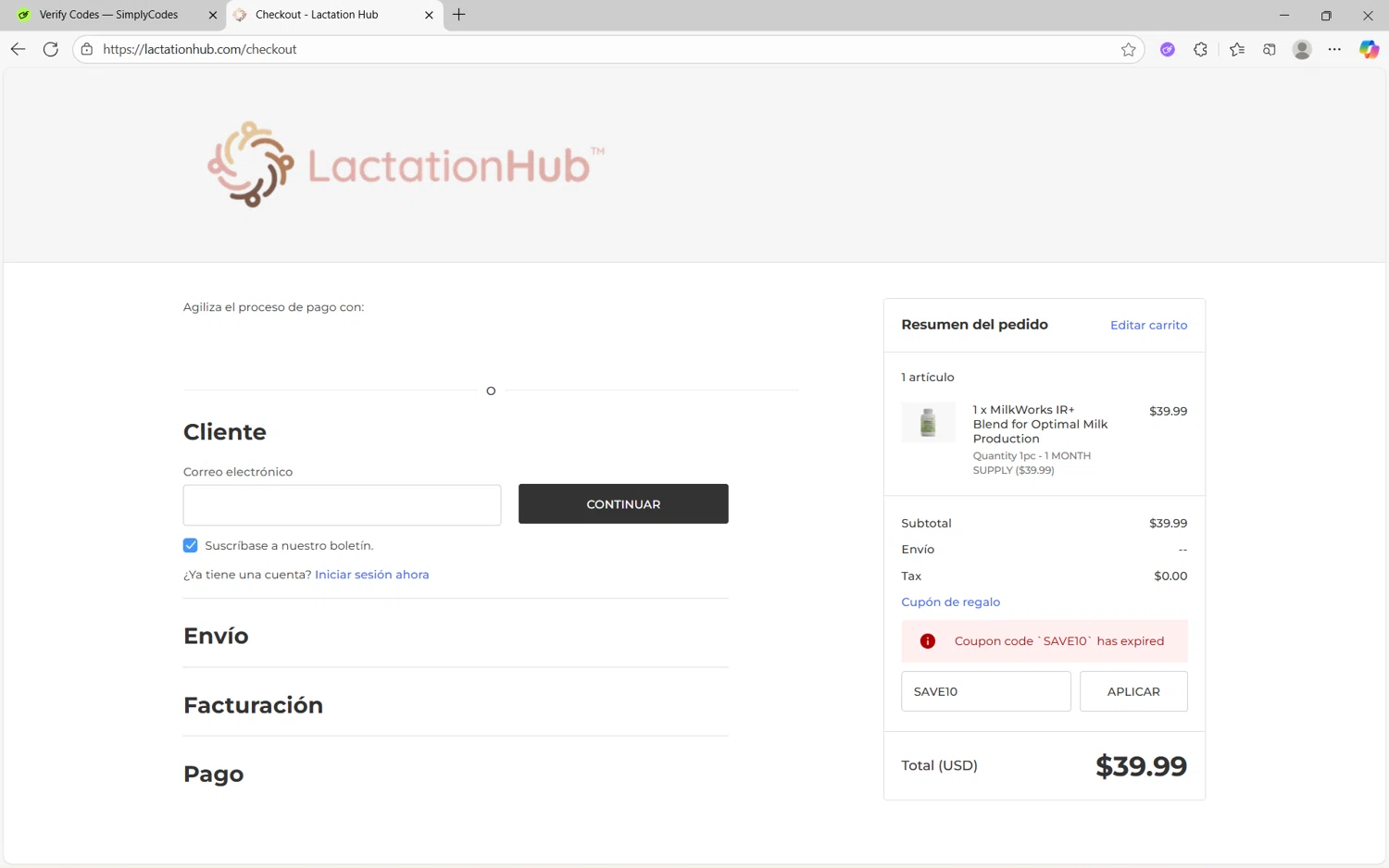 Lactation Hub promo code screenshot showing code SAVE10 applied at Lactation Hub checkout page. Uploaded by SimplyCodes community member frijolito on Sep 30, 2025