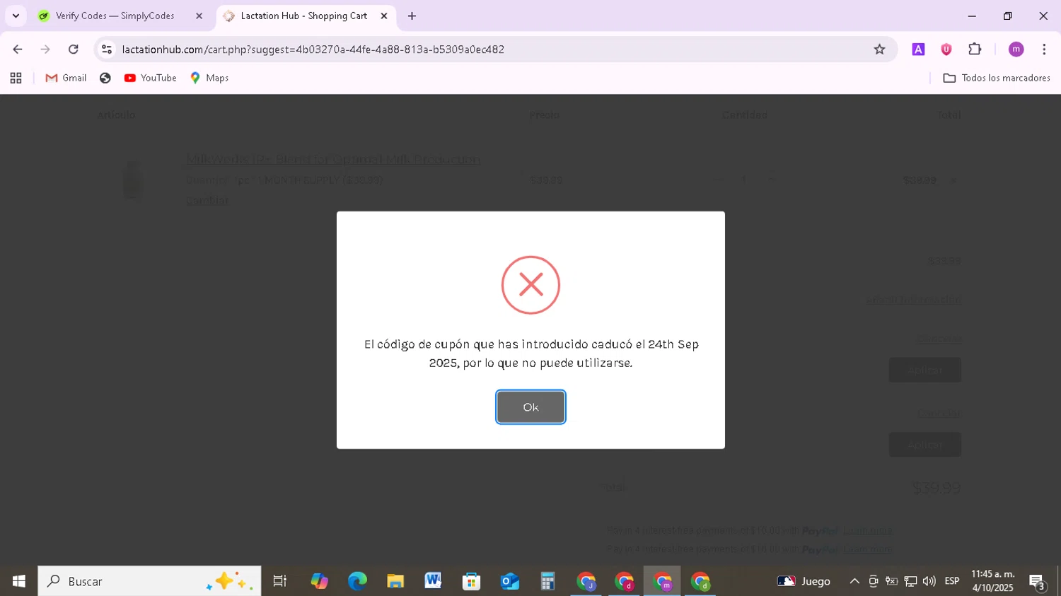 Lactation Hub promo code screenshot showing code mw30 applied at Lactation Hub checkout page. Uploaded by SimplyCodes community member BudgetMonarch8952 on Oct 4, 2025