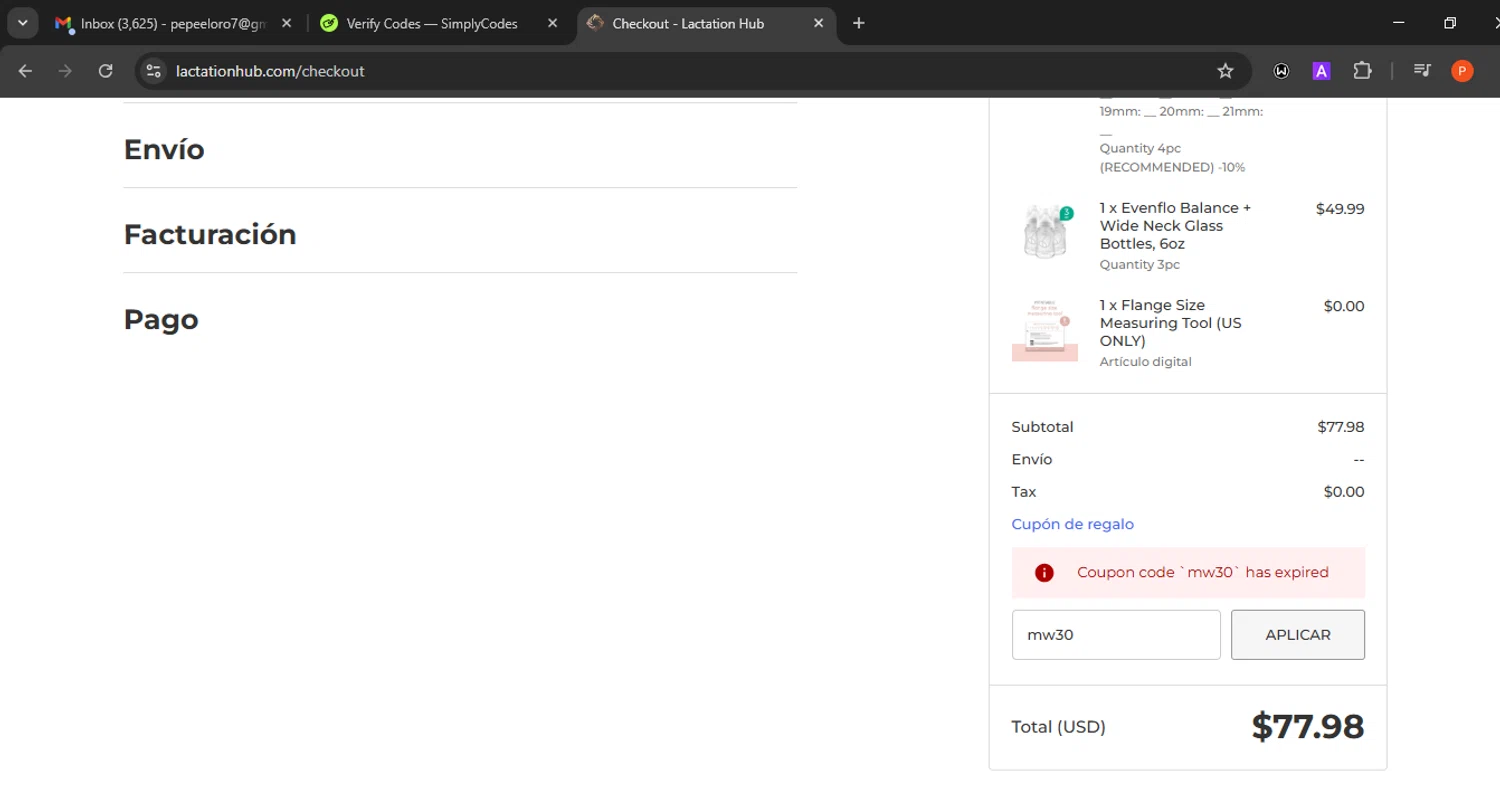 Lactation Hub promo code screenshot showing code mw30 applied at Lactation Hub checkout page. Uploaded by SimplyCodes community member Eminem on Oct 4, 2025