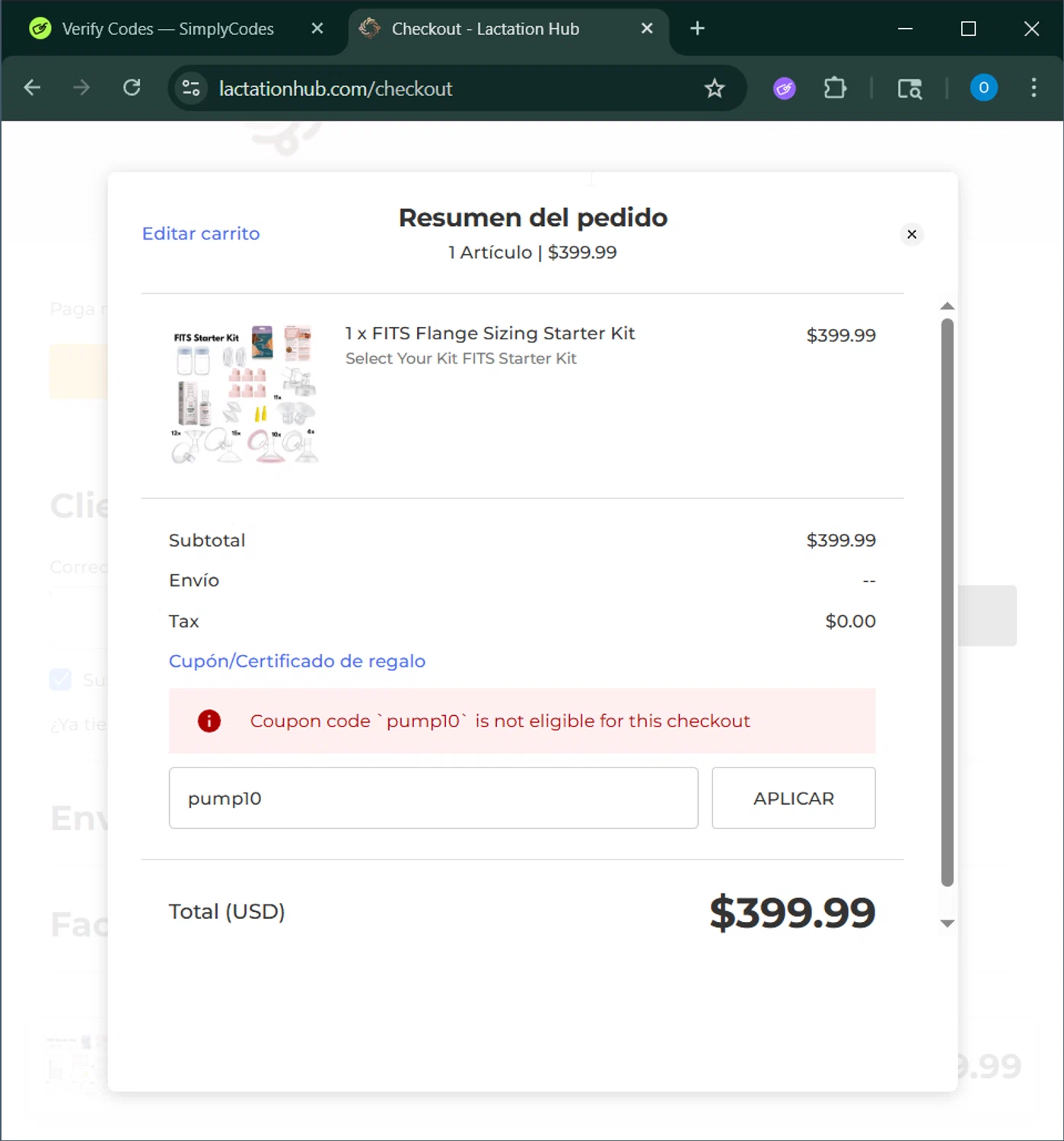 Lactation Hub promo code screenshot showing code pump10 applied at Lactation Hub checkout page. Uploaded by SimplyCodes community member GoldAdmiral5202 on Nov 12, 2025