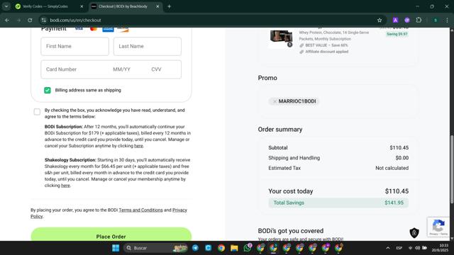 BODi checkout page showing BODi promo code box | Screenshot taken by SimplyCodes community member on Aug 20, 2025