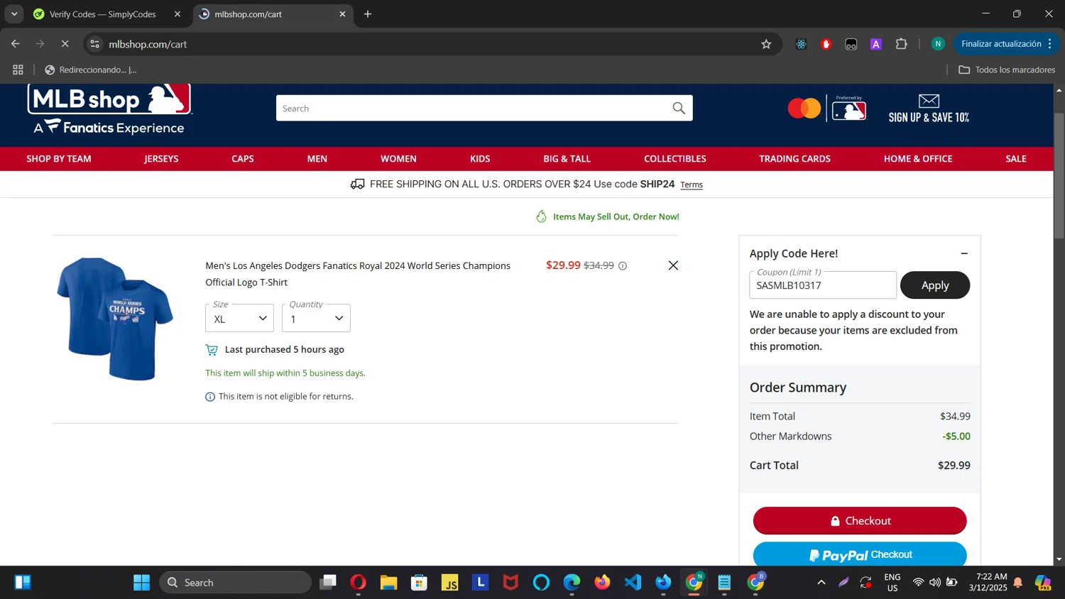 Los Angeles Dodgers promo code screenshot showing code SASMLB10317 applied at Los Angeles Dodgers checkout page. Uploaded by SimplyCodes community member BLACKNAZA on Mar 12, 2025