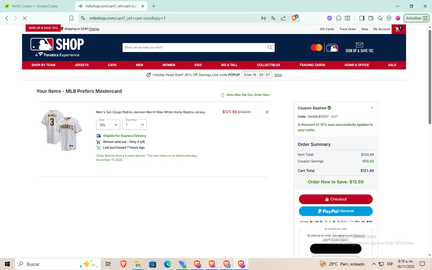 Los Angeles Dodgers promo code screenshot showing code SASMLB10317 applied at Los Angeles Dodgers checkout page. Uploaded by SimplyCodes community member aaaaaaaaaaaaaaa on Nov 16, 2025