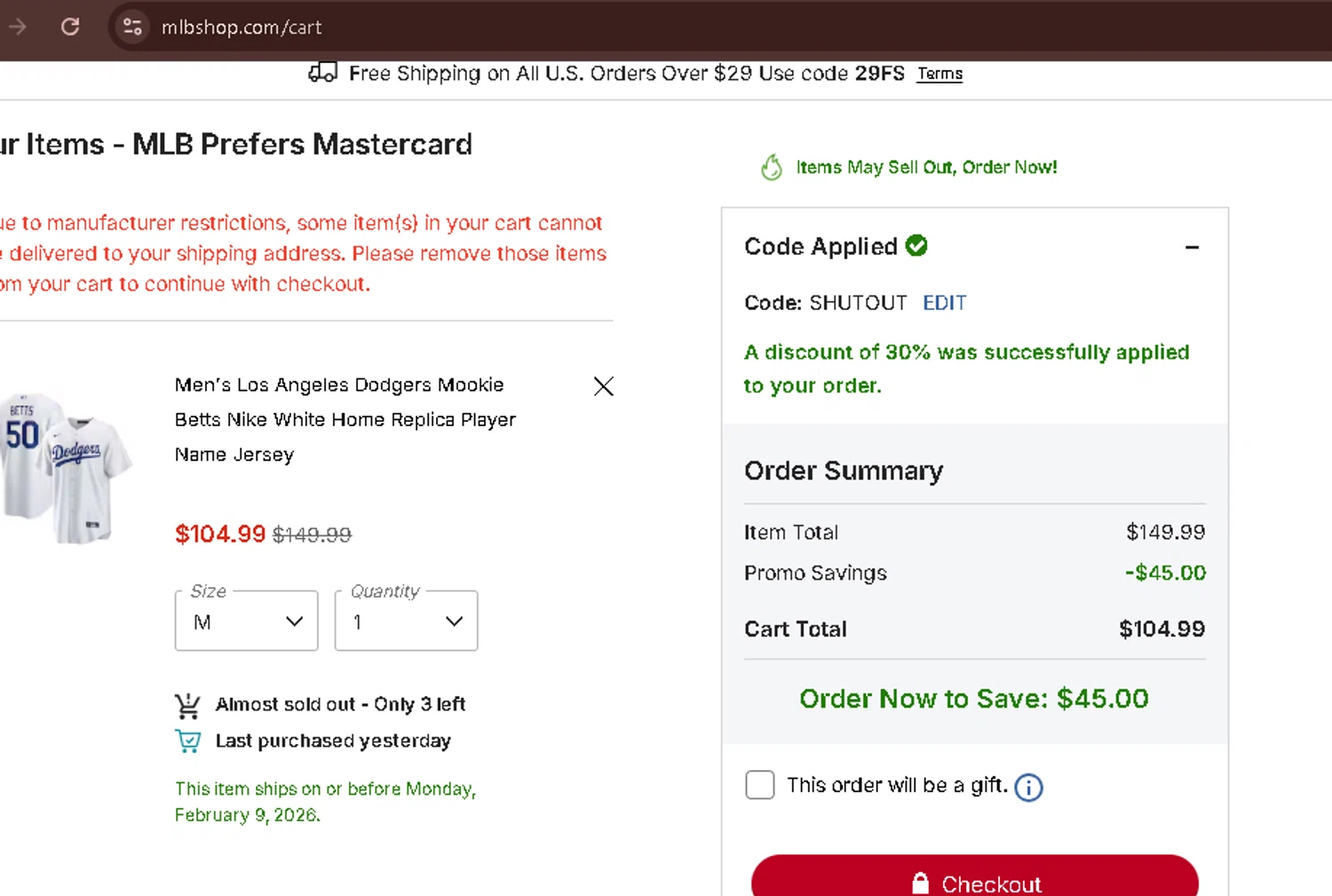 Los Angeles Dodgers checkout page showing Los Angeles Dodgers promo code box | Screenshot taken by SimplyCodes community member on Jan 24, 2026