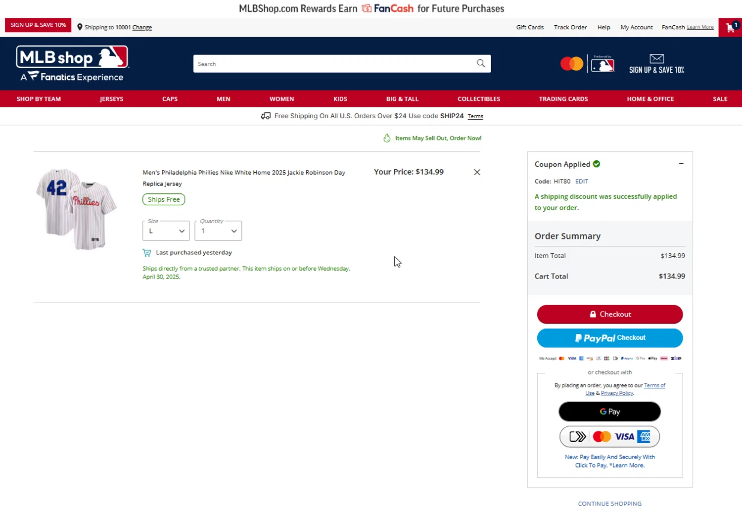 Los Angeles Dodgers promo code screenshot showing code HIT80 applied at Los Angeles Dodgers checkout page. Uploaded by SimplyCodes community member ElIntrepidoVolador on Apr 2, 2025