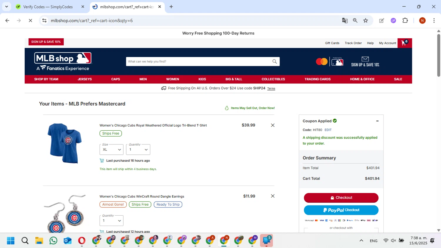Los Angeles Dodgers promo code screenshot showing code HIT80 applied at Los Angeles Dodgers checkout page. Uploaded by SimplyCodes community member FundoSinai on Jun 15, 2025