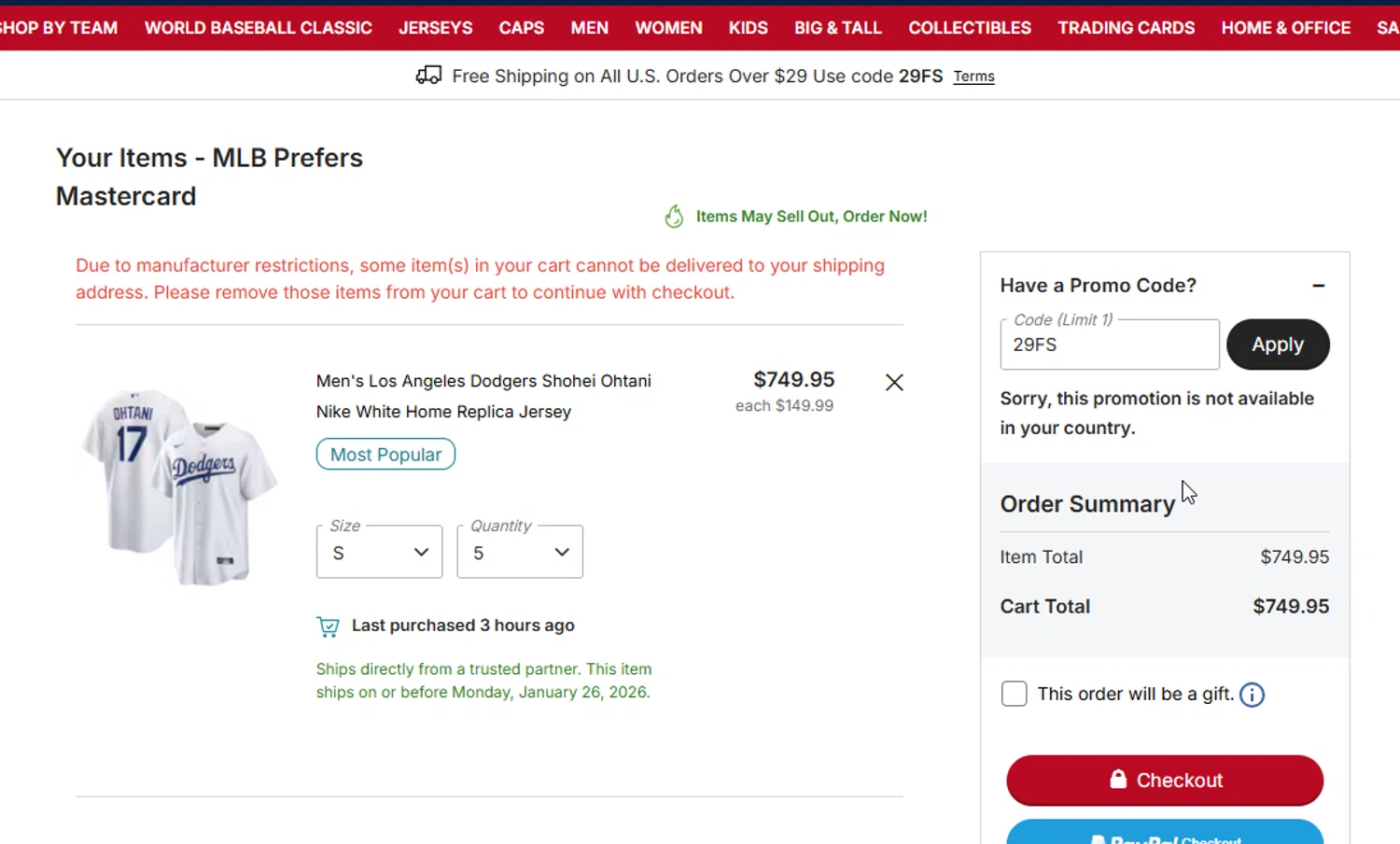 Los Angeles Dodgers checkout page showing Los Angeles Dodgers promo code box | Screenshot taken by SimplyCodes community member on Jan 25, 2026