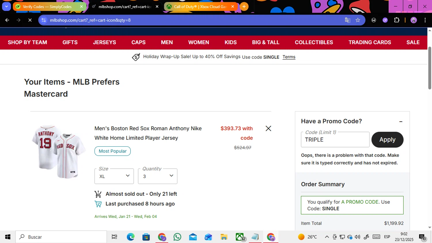 Los Angeles Dodgers promo code screenshot showing code TRIPLE applied at Los Angeles Dodgers checkout page. Uploaded by SimplyCodes community member ENCARAMESSI on Dec 23, 2025