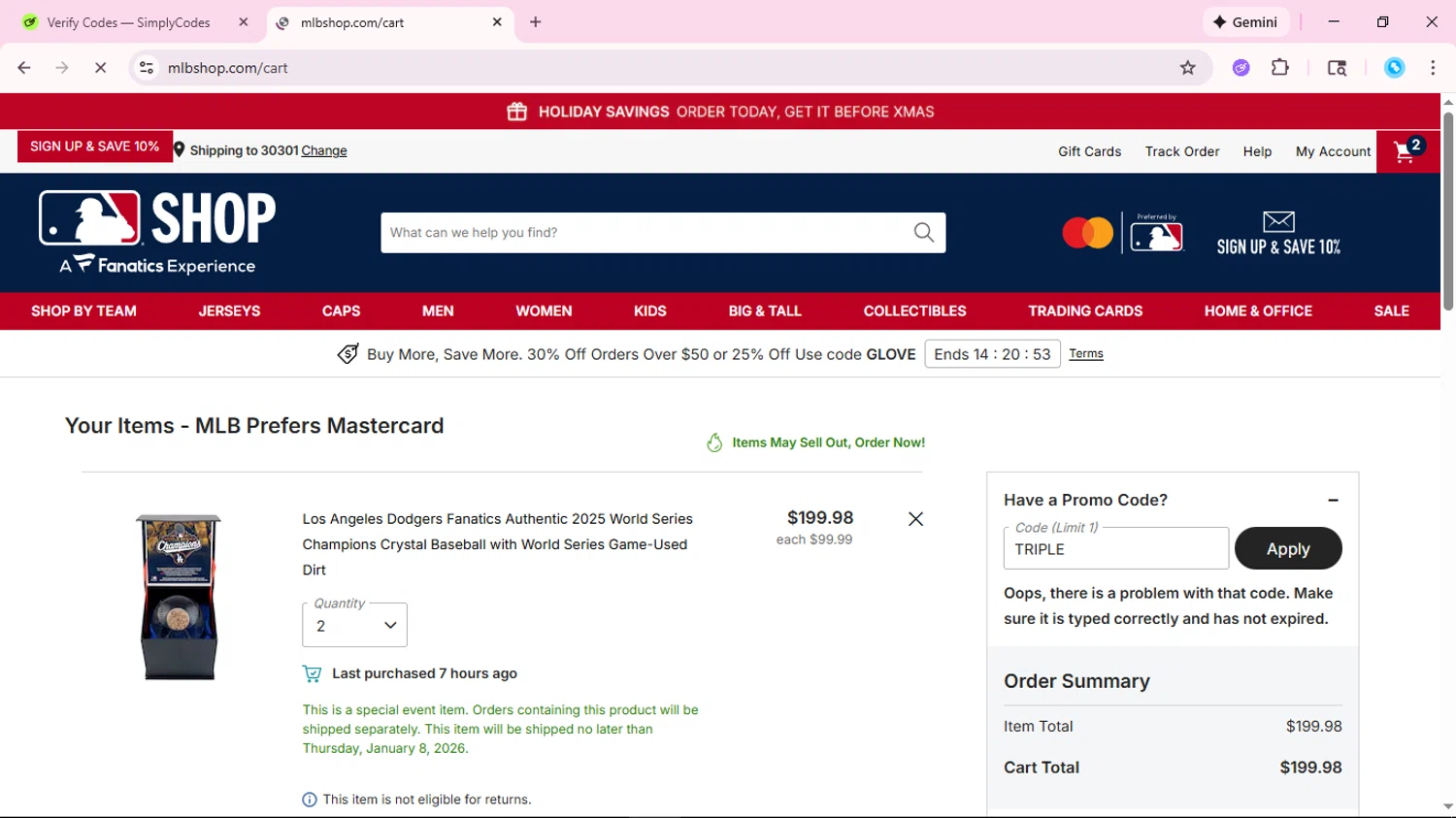 Los Angeles Dodgers promo code screenshot showing code TRIPLE applied at Los Angeles Dodgers checkout page. Uploaded by SimplyCodes community member fabianmartinez on Dec 16, 2025