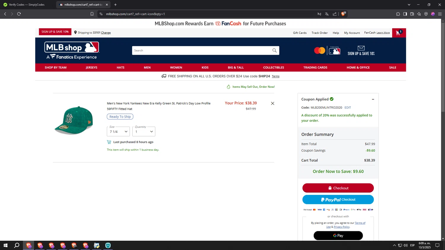 Los Angeles Dodgers promo code screenshot showing code MLB20EMLINTRO2020 applied at Los Angeles Dodgers checkout page. Uploaded by SimplyCodes community member kkkkkkkkkkkkkkkkkkkk on Mar 13, 2025