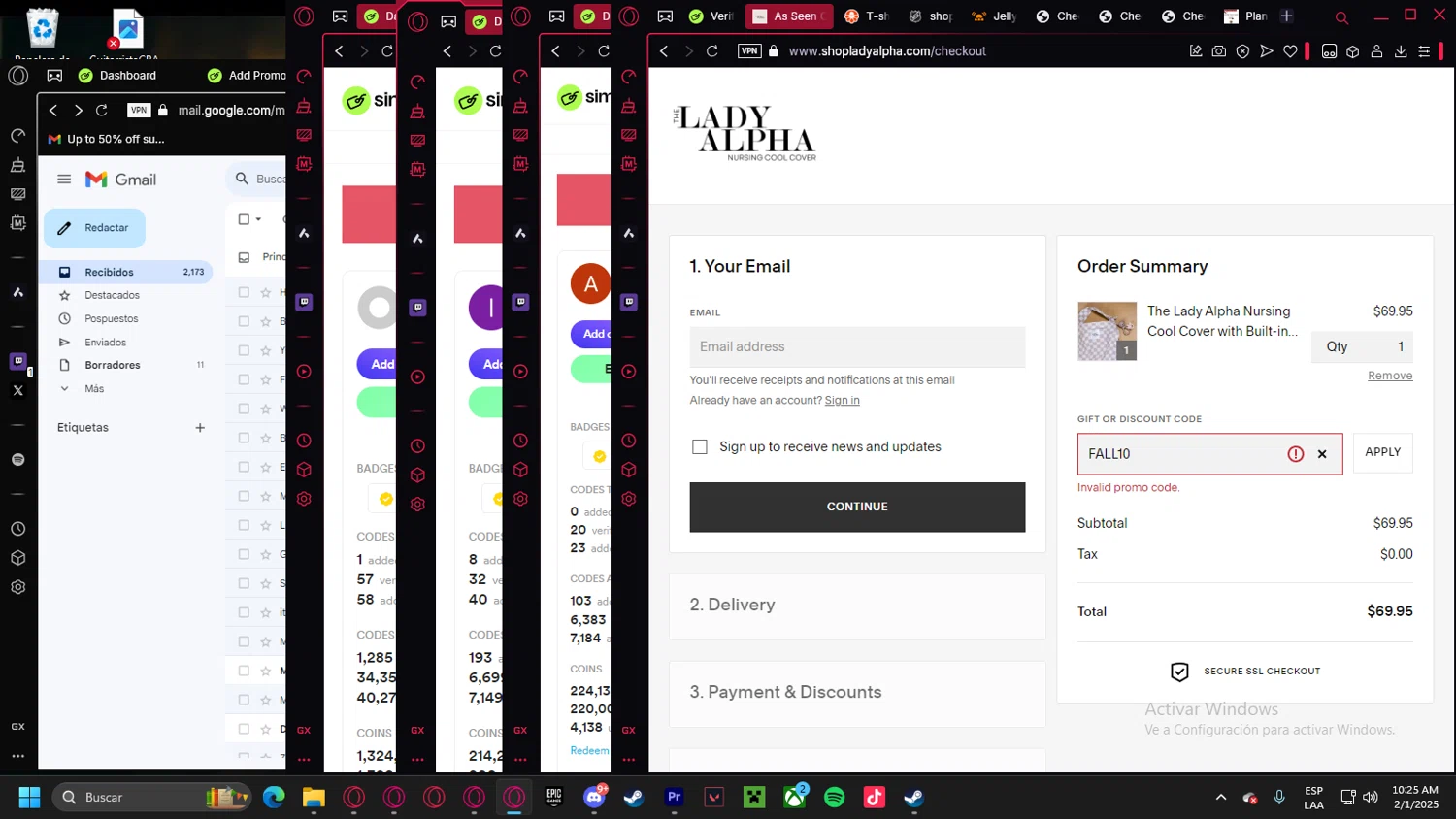 Lady Alpha discount code screenshot showing code FALL10 applied at Lady Alpha checkout page. Uploaded by SimplyCodes community member Handivlak on Feb 1, 2025