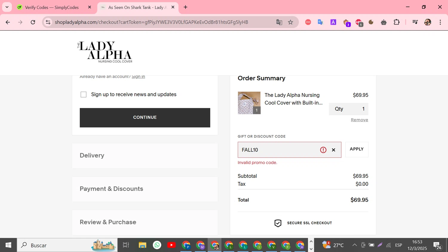 Lady Alpha discount code screenshot showing code FALL10 applied at Lady Alpha checkout page. Uploaded by SimplyCodes community member Susejprimera on Mar 12, 2025