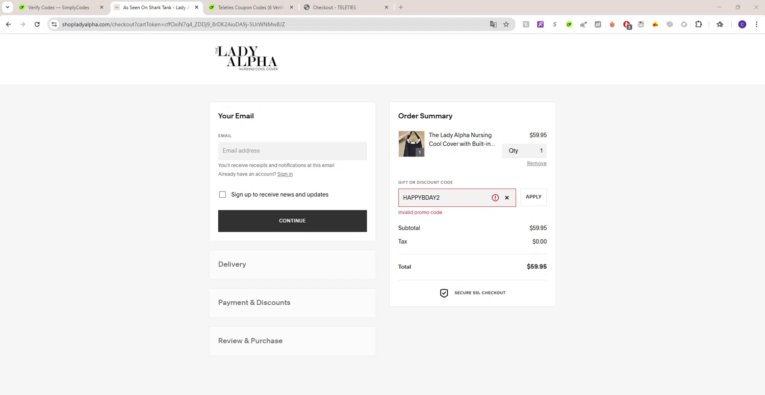 Lady Alpha discount code screenshot showing code HAPPYBDAY2 applied at Lady Alpha checkout page. Uploaded by SimplyCodes community member LAGUGU on Feb 21, 2025