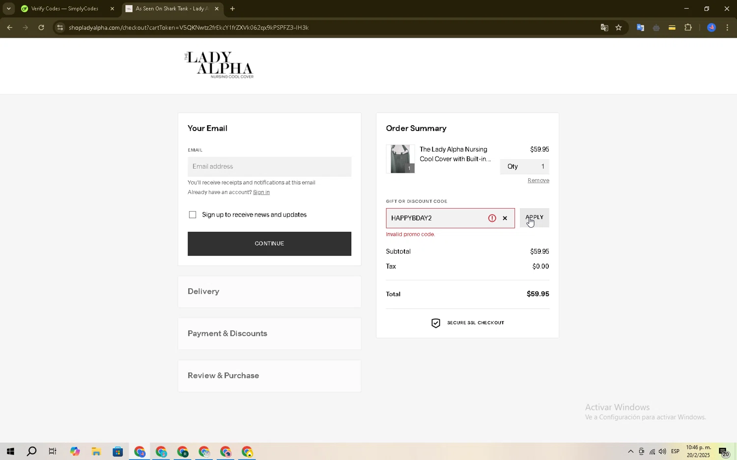 Lady Alpha discount code screenshot showing code HAPPYBDAY2 applied at Lady Alpha checkout page. Uploaded by SimplyCodes community member Brown_w on Feb 21, 2025
