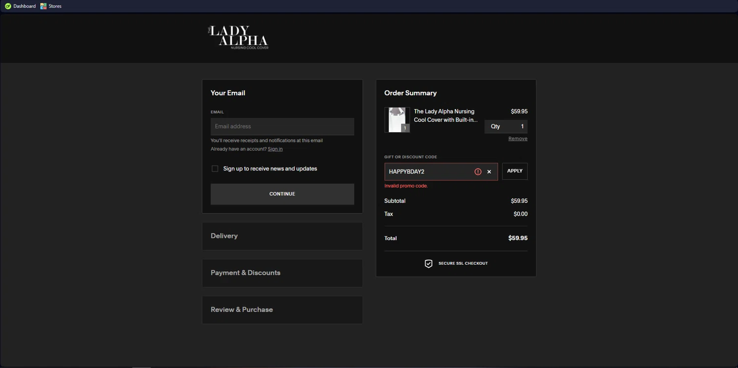 Lady Alpha discount code screenshot showing code HAPPYBDAY2 applied at Lady Alpha checkout page. Uploaded by SimplyCodes community member yunexxx on Feb 21, 2025