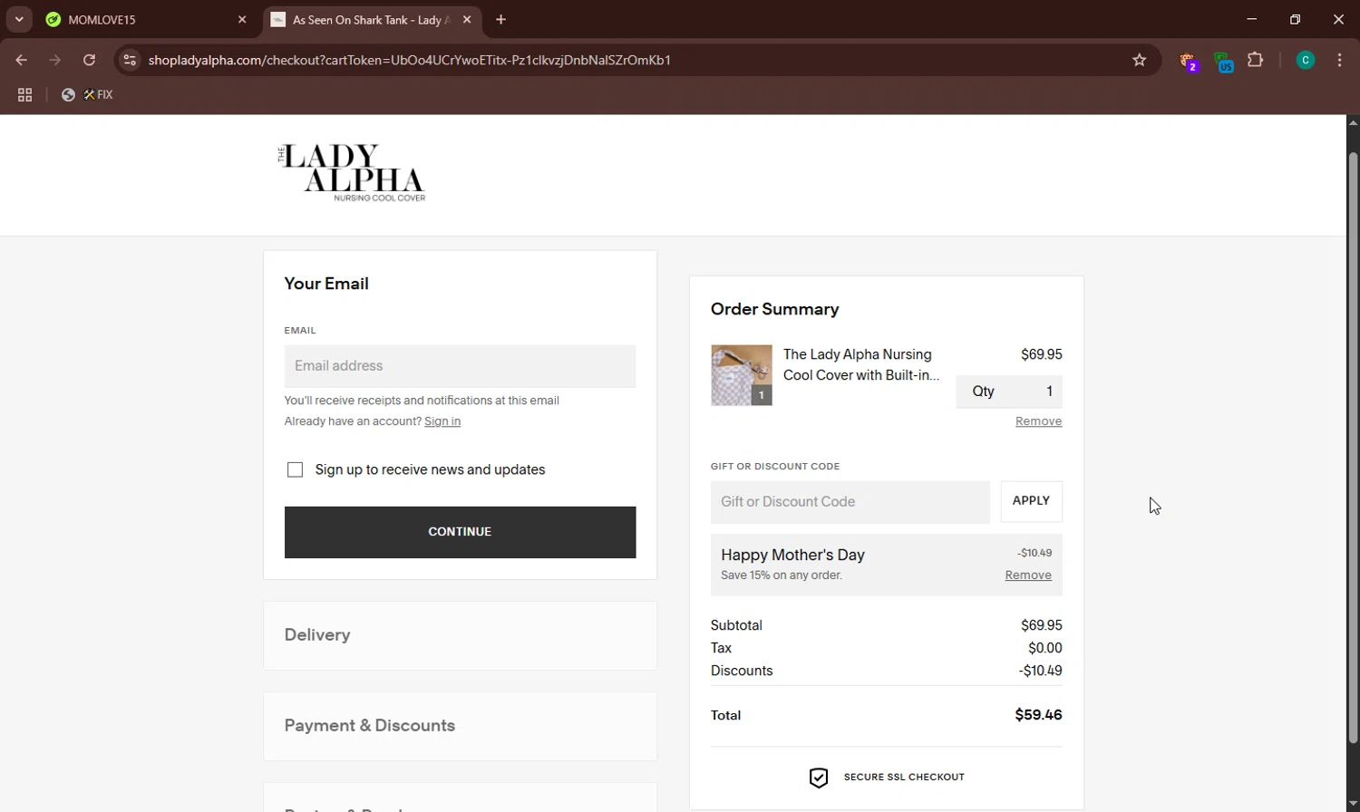 Lady Alpha checkout page showing Lady Alpha discount code box | Screenshot taken by SimplyCodes community member on May 5, 2025