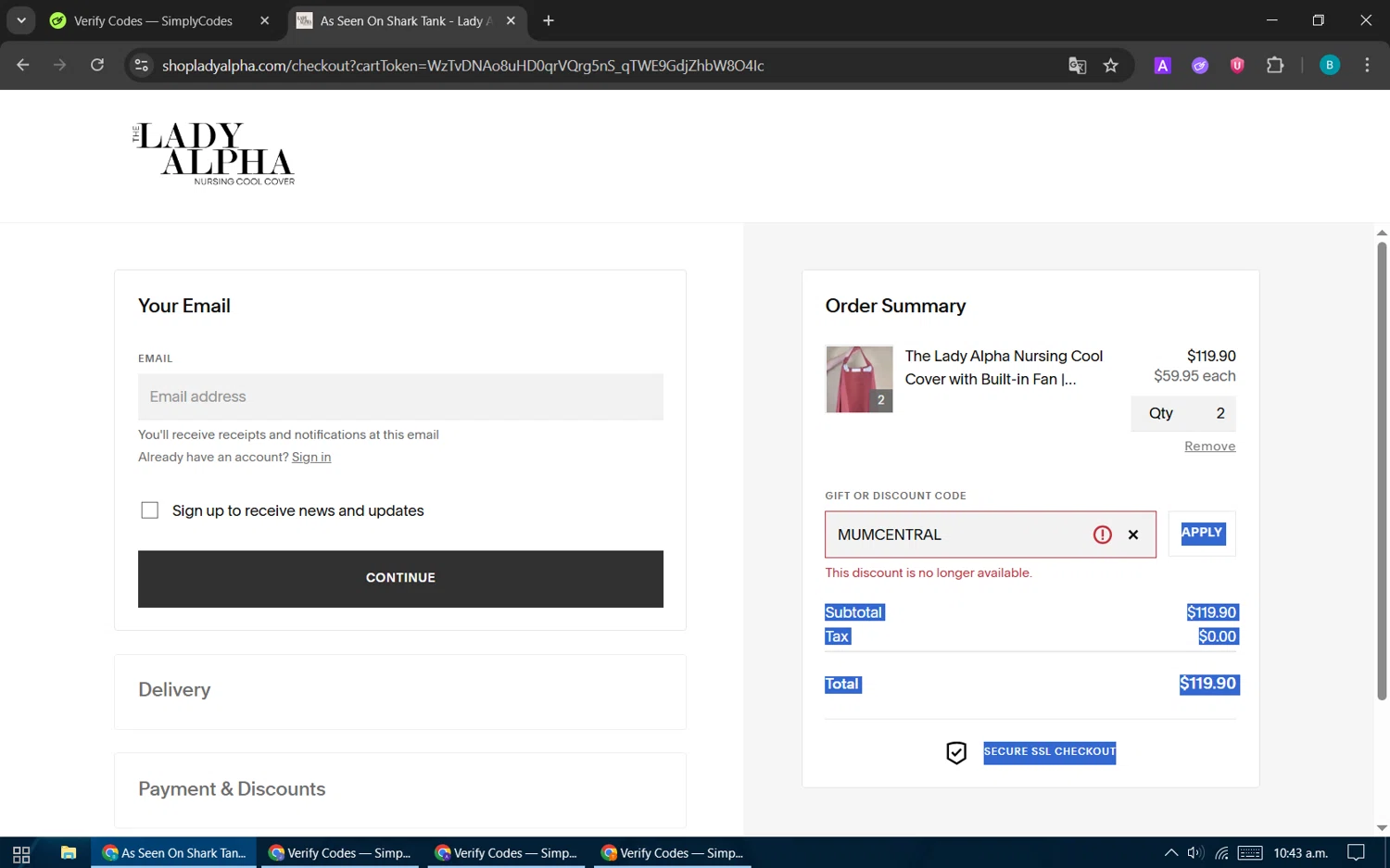 Lady Alpha discount code screenshot showing code MUMCENTRAL applied at Lady Alpha checkout page. Uploaded by SimplyCodes community member CleverPilot5845 on Sep 20, 2025