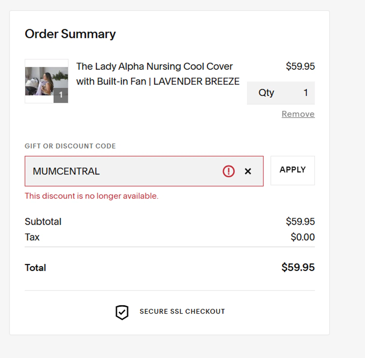 Lady Alpha discount code screenshot showing code MUMCENTRAL applied at Lady Alpha checkout page. Uploaded by SimplyCodes community member MightyHunter5940 on Sep 20, 2025