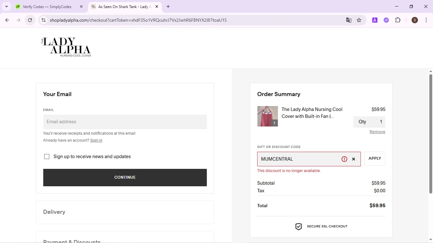 Lady Alpha discount code screenshot showing code MUMCENTRAL applied at Lady Alpha checkout page. Uploaded by SimplyCodes community member QuestPhoenix2794 on Sep 20, 2025