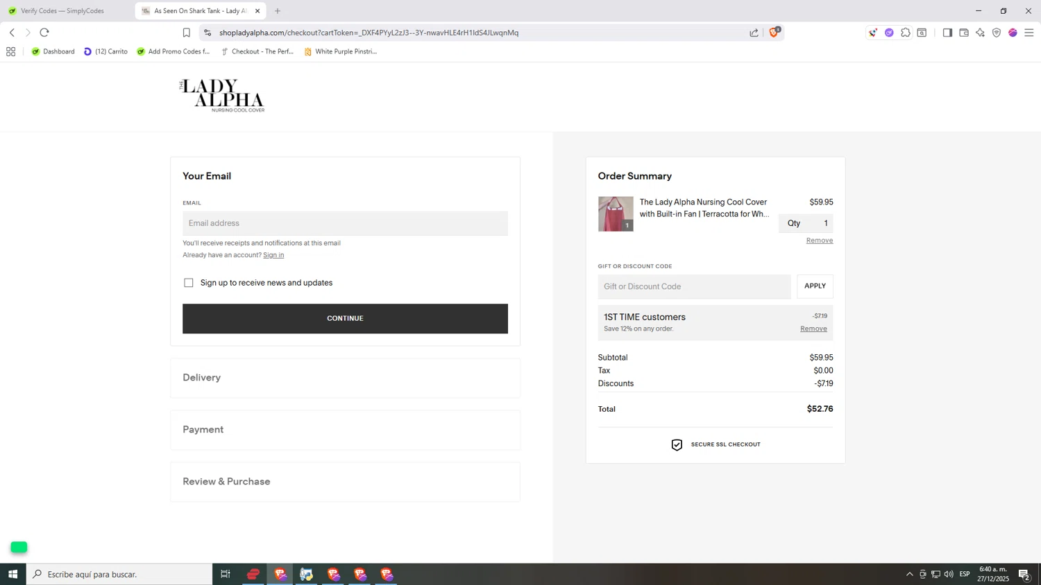 Lady Alpha discount code screenshot showing code SUMMER2025 applied at Lady Alpha checkout page. Uploaded by SimplyCodes community member Nezukooo on Dec 27, 2025