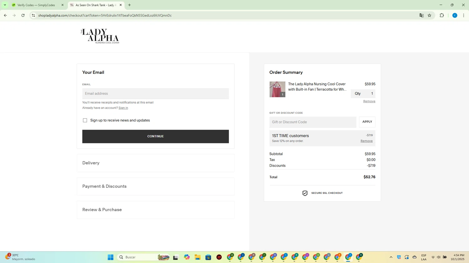 Lady Alpha checkout page showing Lady Alpha discount code box | Screenshot taken by SimplyCodes community member on Oct 1, 2025