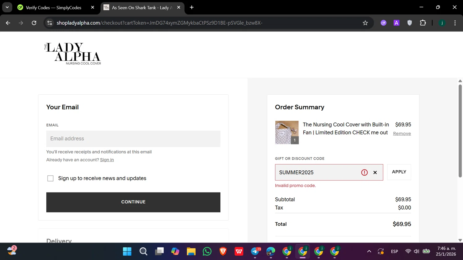 Lady Alpha discount code screenshot showing code SUMMER2025 applied at Lady Alpha checkout page. Uploaded by SimplyCodes community member hanzell2 on Jan 25, 2026