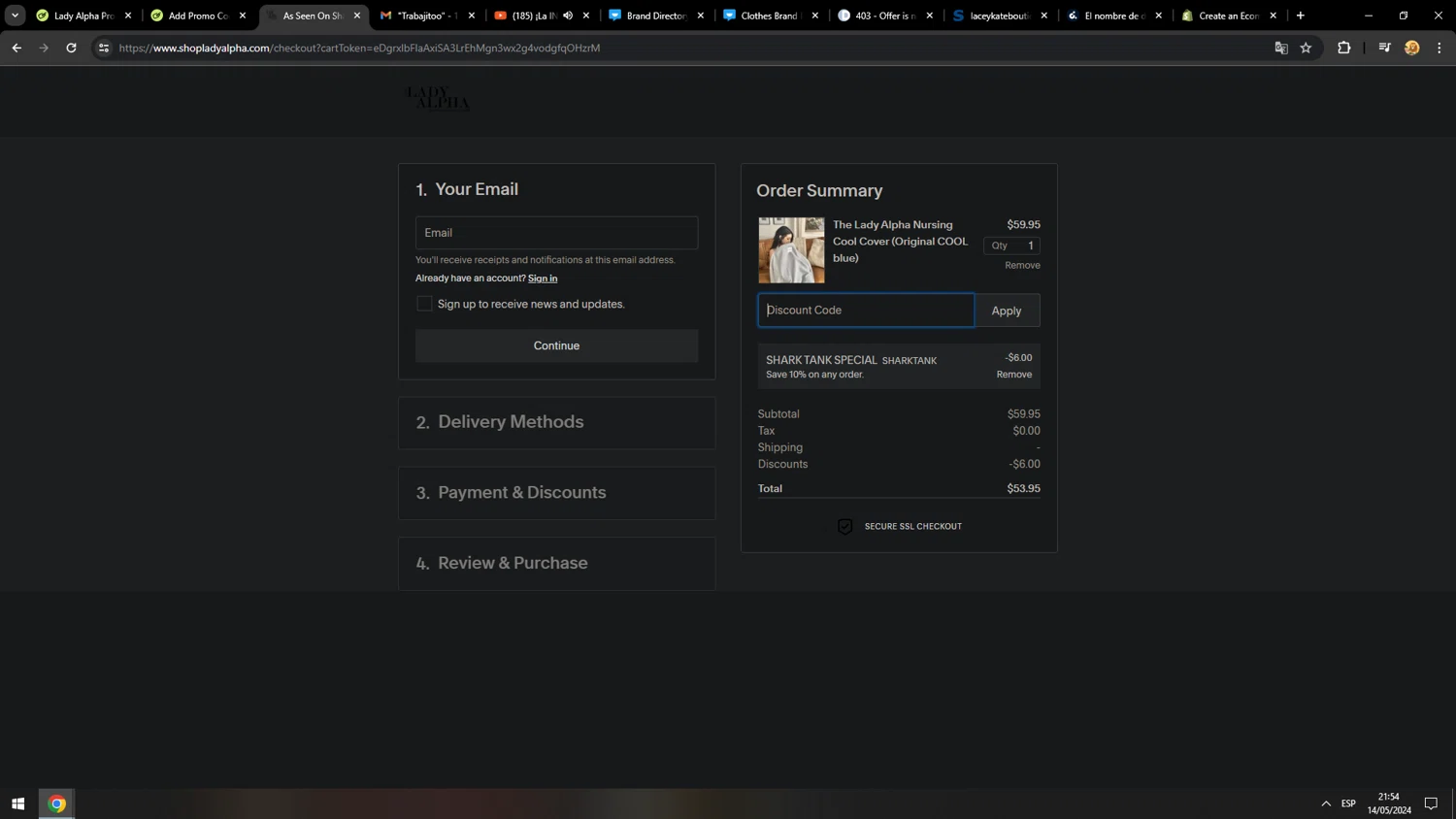 Lady Alpha discount code screenshot showing code SHARKTANK applied at Lady Alpha checkout page. Uploaded by SimplyCodes community member MarcosAranguren on May 15, 2024