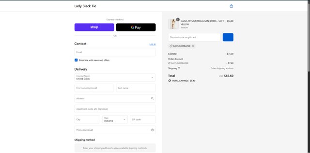 Lady Black Tie checkout page showing Lady Black Tie discount code box | Screenshot taken by SimplyCodes community member on Sep 4, 2025