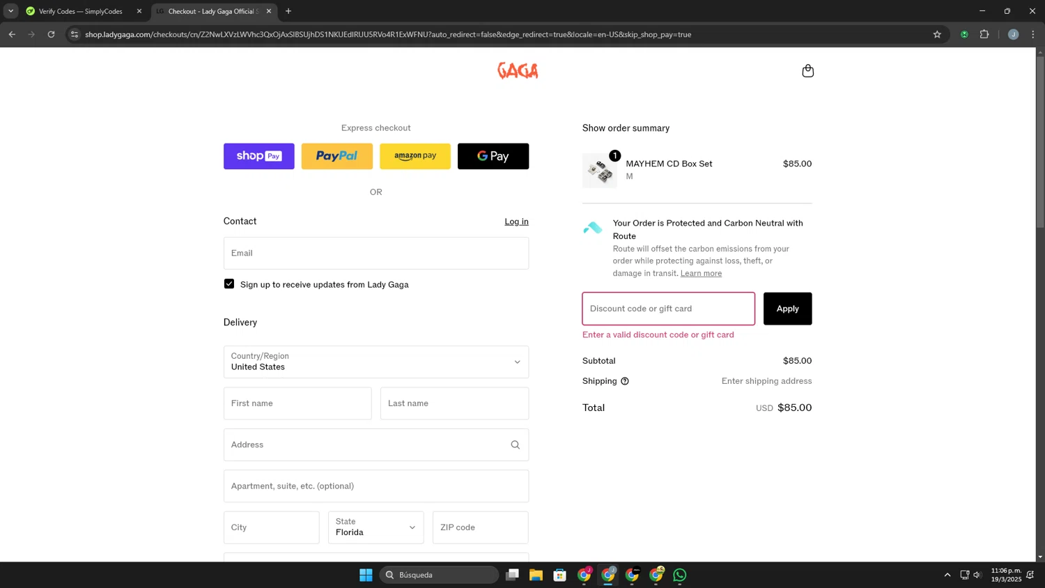 Lady Gaga discount code screenshot showing code LG20 applied at Lady Gaga checkout page. Uploaded by SimplyCodes community member Khaiden on Mar 20, 2025
