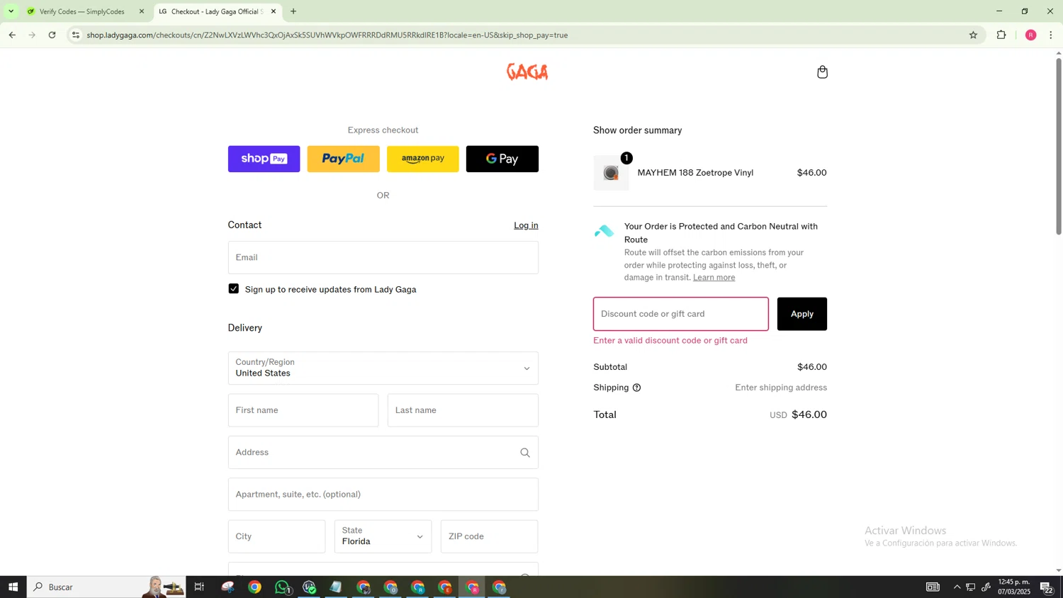 Lady Gaga discount code screenshot showing code LG20 applied at Lady Gaga checkout page. Uploaded by SimplyCodes community member NobleExpert518 on Mar 7, 2025