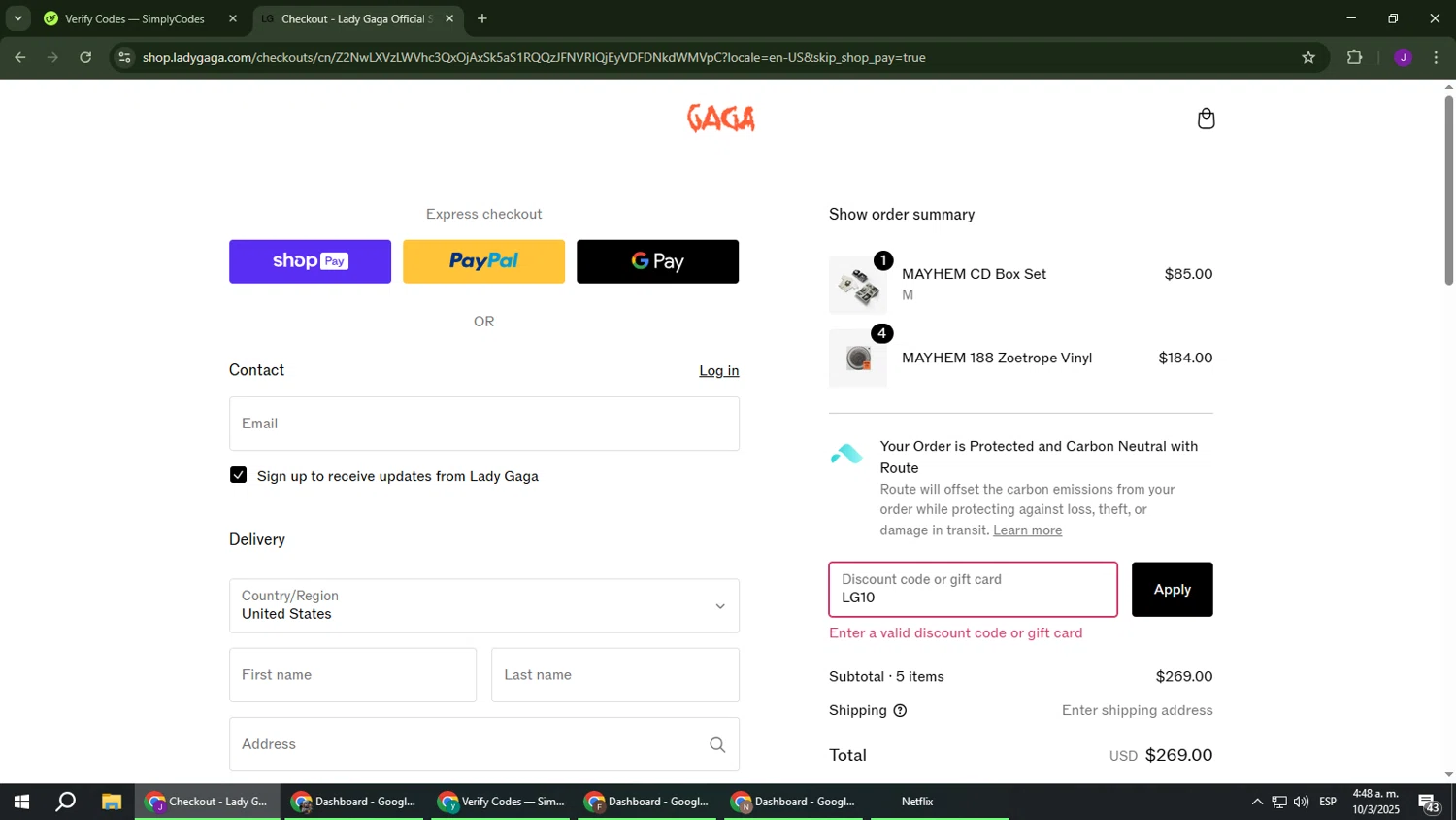 Lady Gaga discount code screenshot showing code LG10 applied at Lady Gaga checkout page. Uploaded by SimplyCodes community member ComeBurra123 on Mar 10, 2025