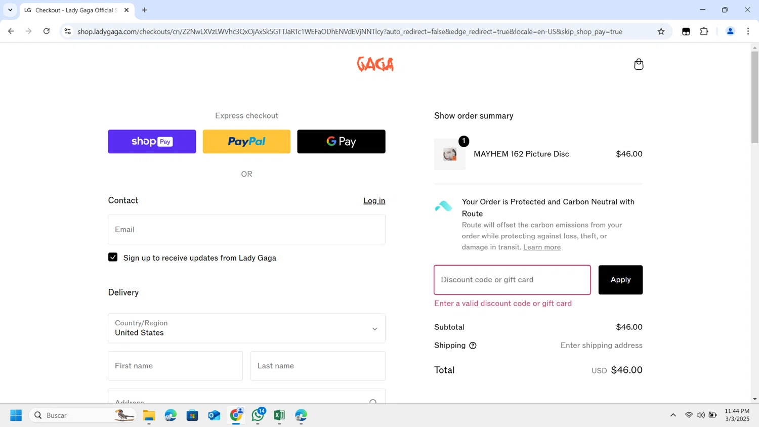 Lady Gaga discount code screenshot showing code LG10 applied at Lady Gaga checkout page. Uploaded by SimplyCodes community member Lamine_Yamal on Mar 4, 2025