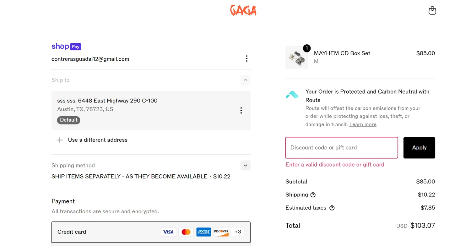 Lady Gaga discount code screenshot showing code LG10 applied at Lady Gaga checkout page. Uploaded by SimplyCodes community member EpicTiger3556 on Mar 22, 2025