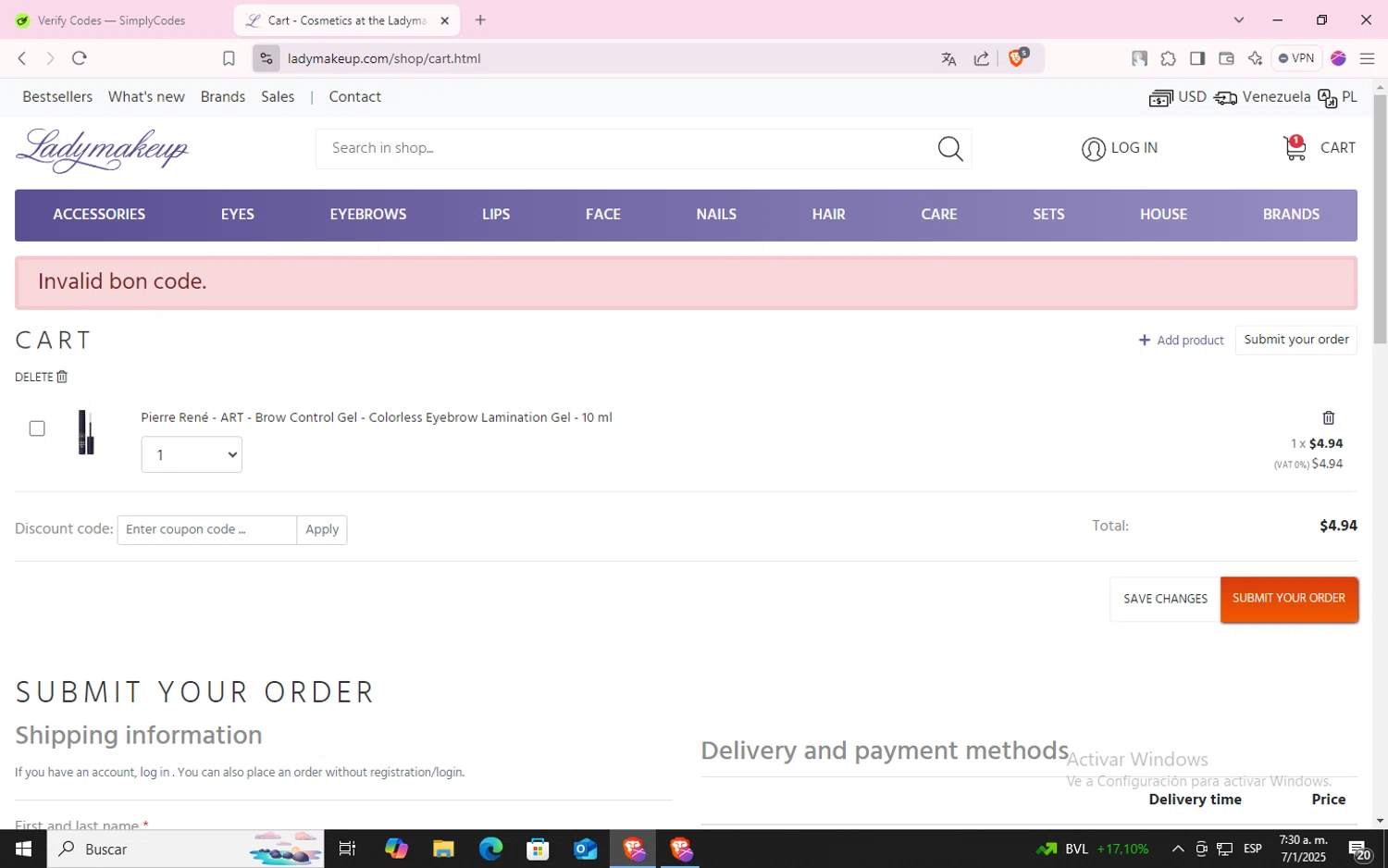 Ladymakeup coupon code screenshot showing code END2021 applied at Ladymakeup checkout page. Uploaded by SimplyCodes community member CodeLynx5272 on Jan 7, 2025