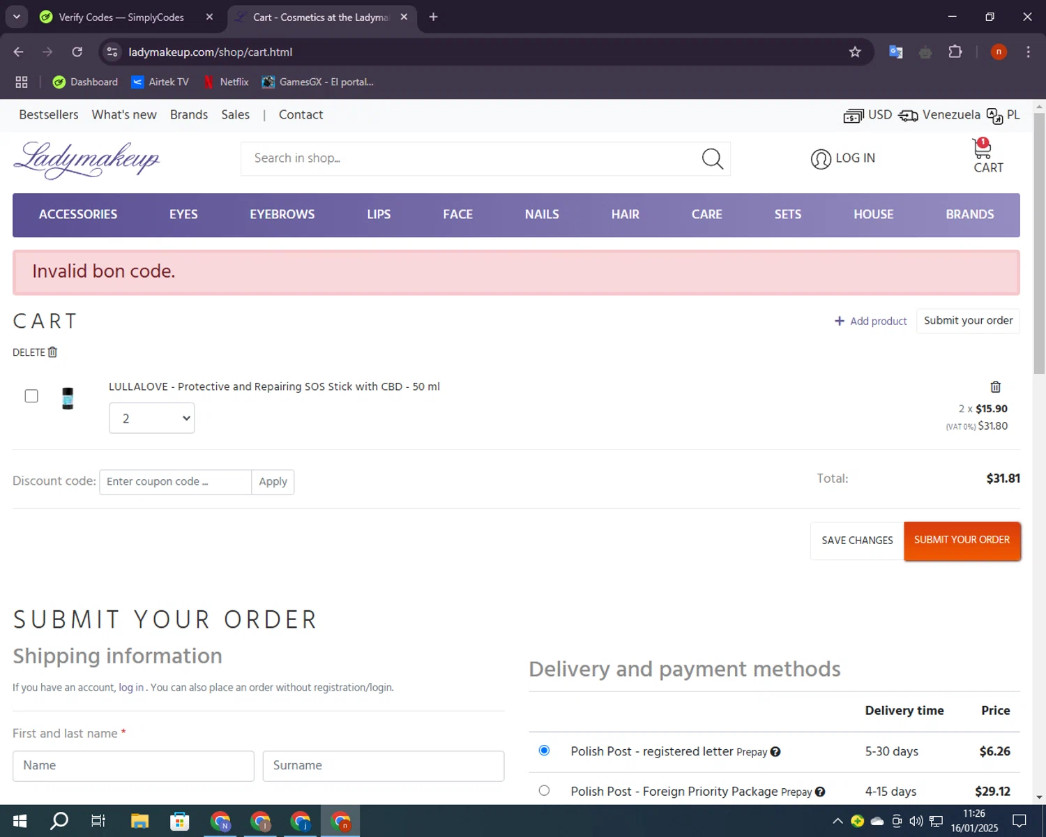 Ladymakeup coupon code screenshot showing code H1ZK7GEK applied at Ladymakeup checkout page. Uploaded by SimplyCodes community member BudgetShopper182 on Jan 16, 2025