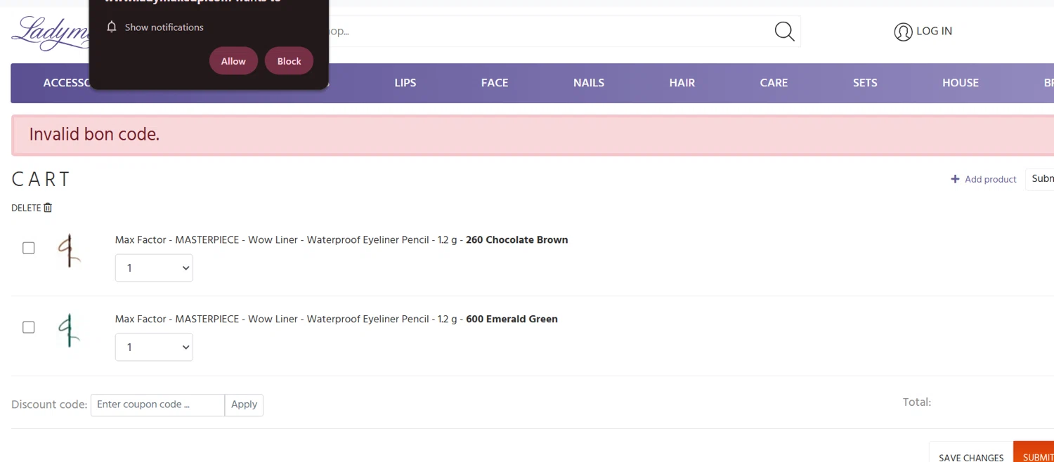 Ladymakeup coupon code screenshot showing code H1ZK7GEK applied at Ladymakeup checkout page. Uploaded by SimplyCodes community member lukeCallahannn on Feb 21, 2025