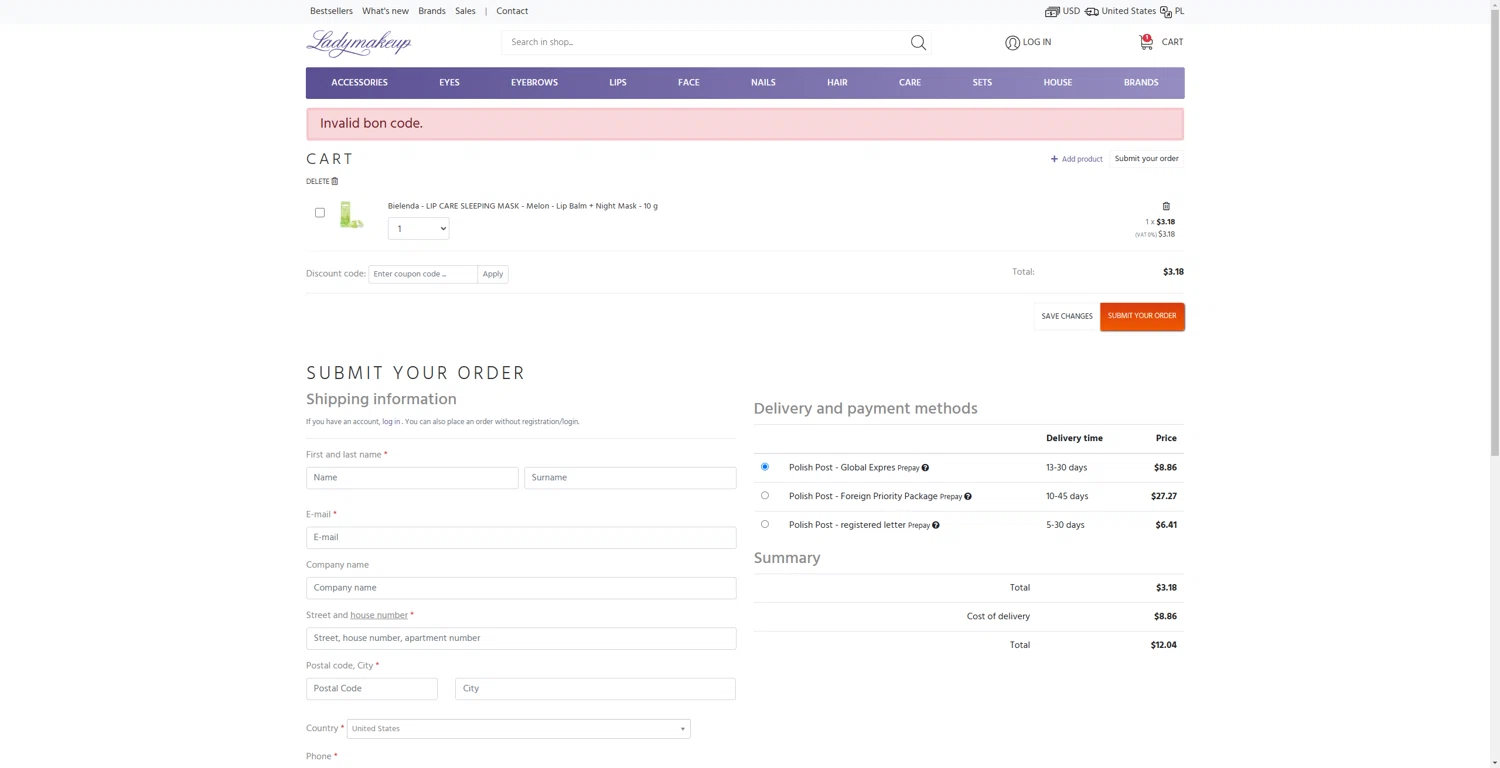 Ladymakeup coupon code screenshot showing code NEWYEAR2025 applied at Ladymakeup checkout page. Uploaded by SimplyCodes community member Tenmyoldy on Feb 22, 2025